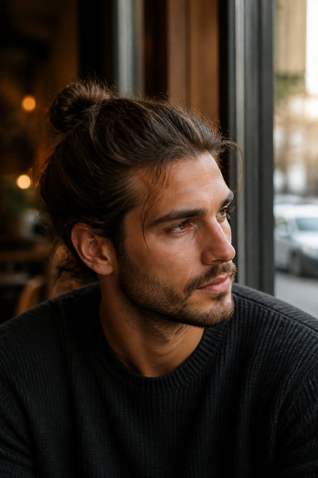 Close-up portrait of a man with a compact mid-length mini bun at the crown