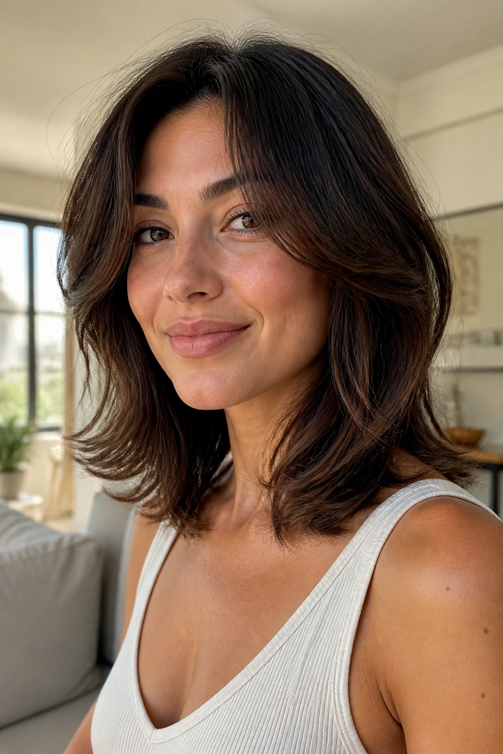 Close-up of a real woman with a mid-length butterfly cut at shoulder length