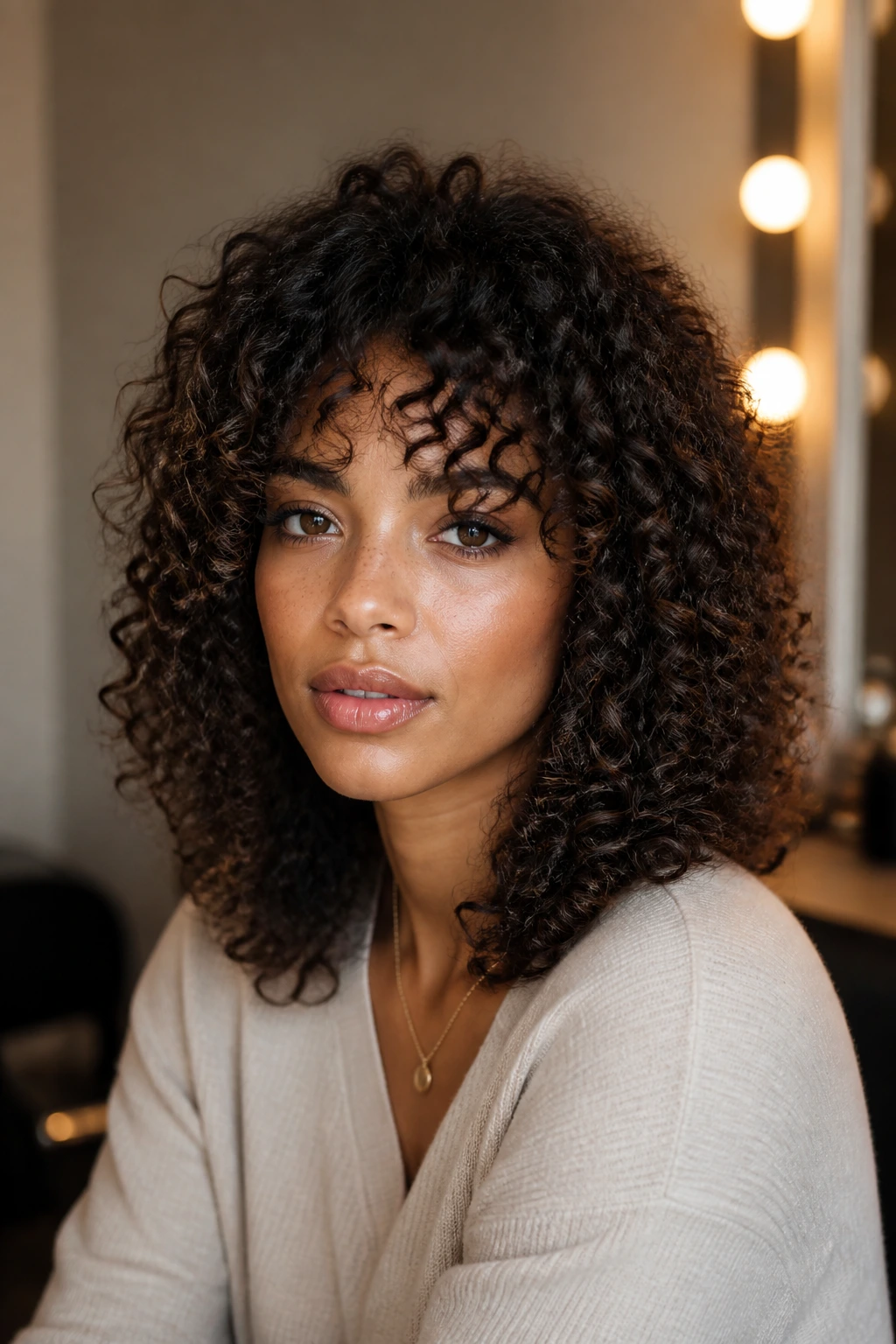 Real person with mid-length coils and split fringe in soft dressing room light