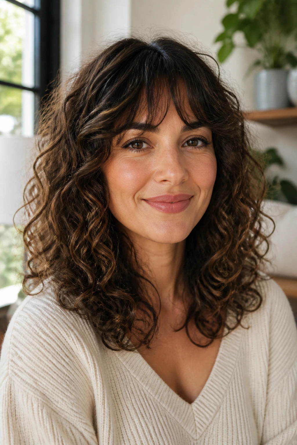 Portrait of a woman with mid-length curls and bottleneck bangs