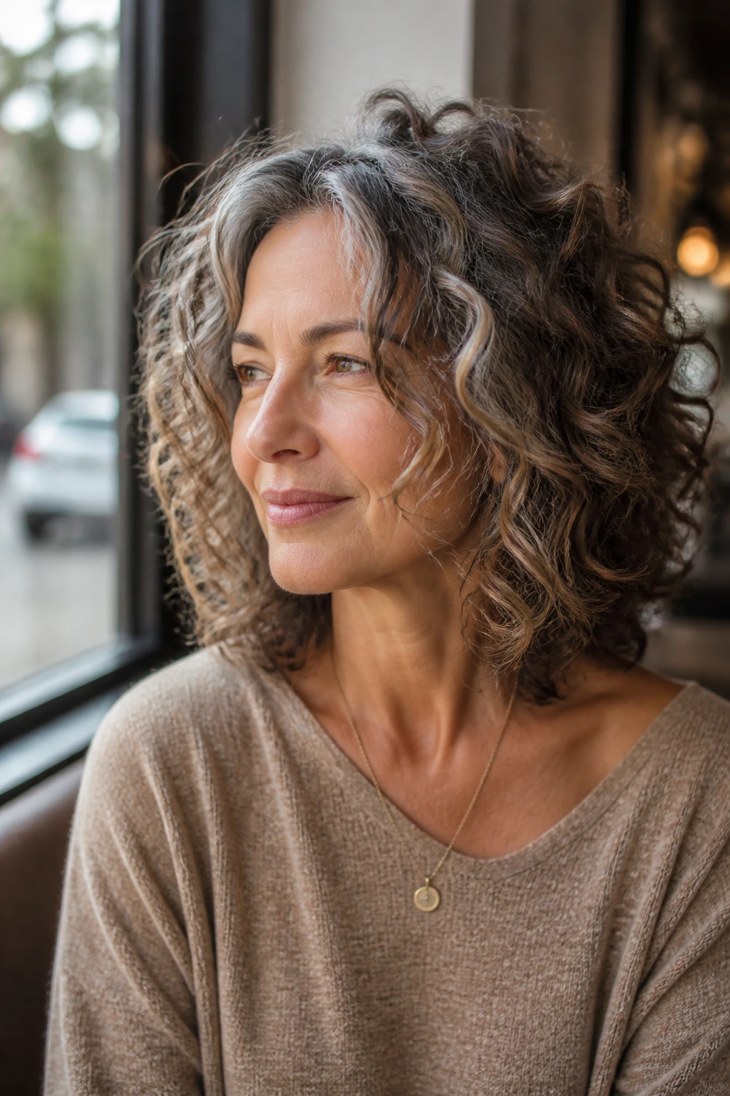 Close-up of a real woman with mid-length face-framing curls