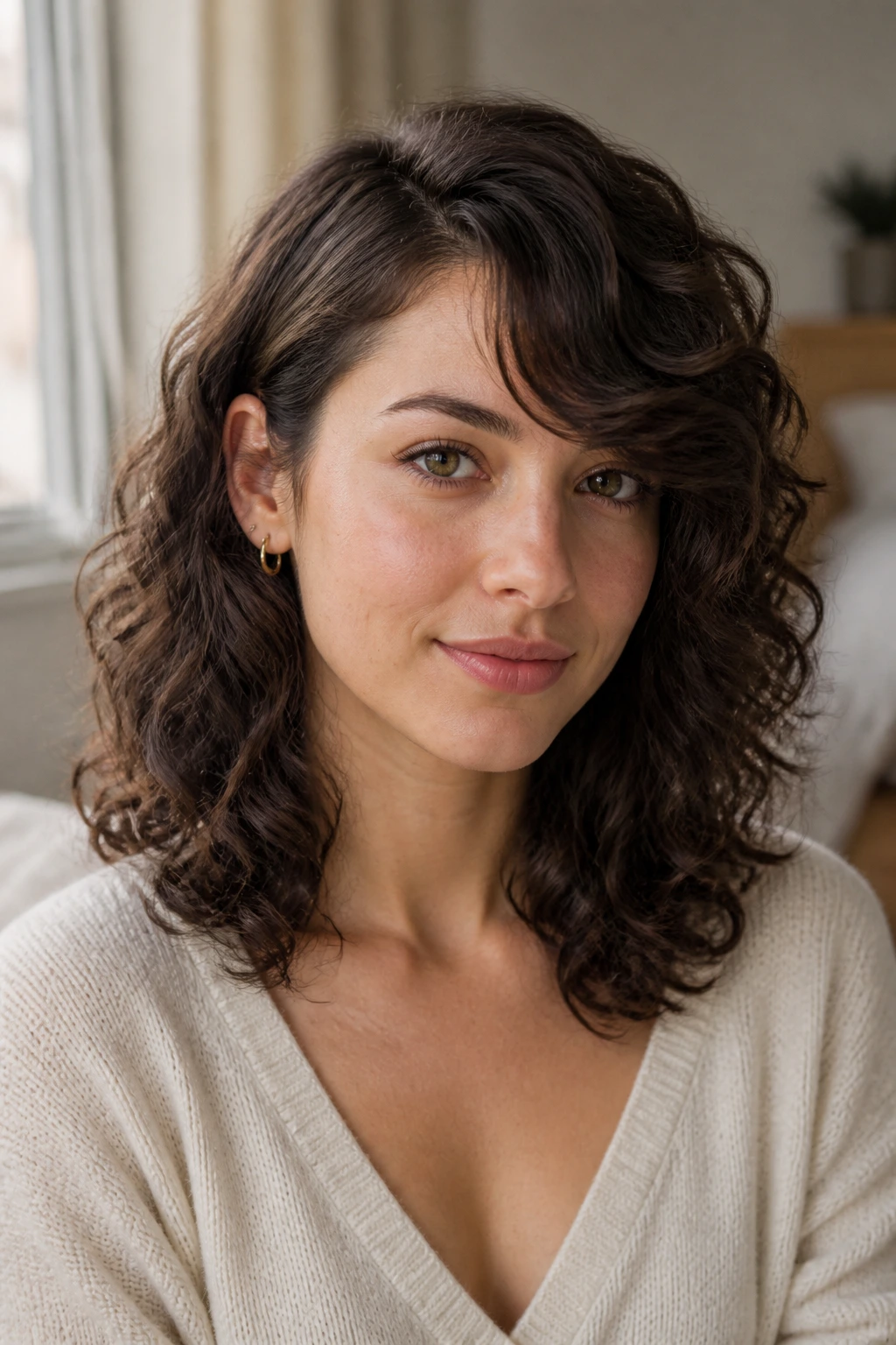 Close-up portrait of a real woman with mid-length curly hair and swoopy bangs in a sunlit bedroom.