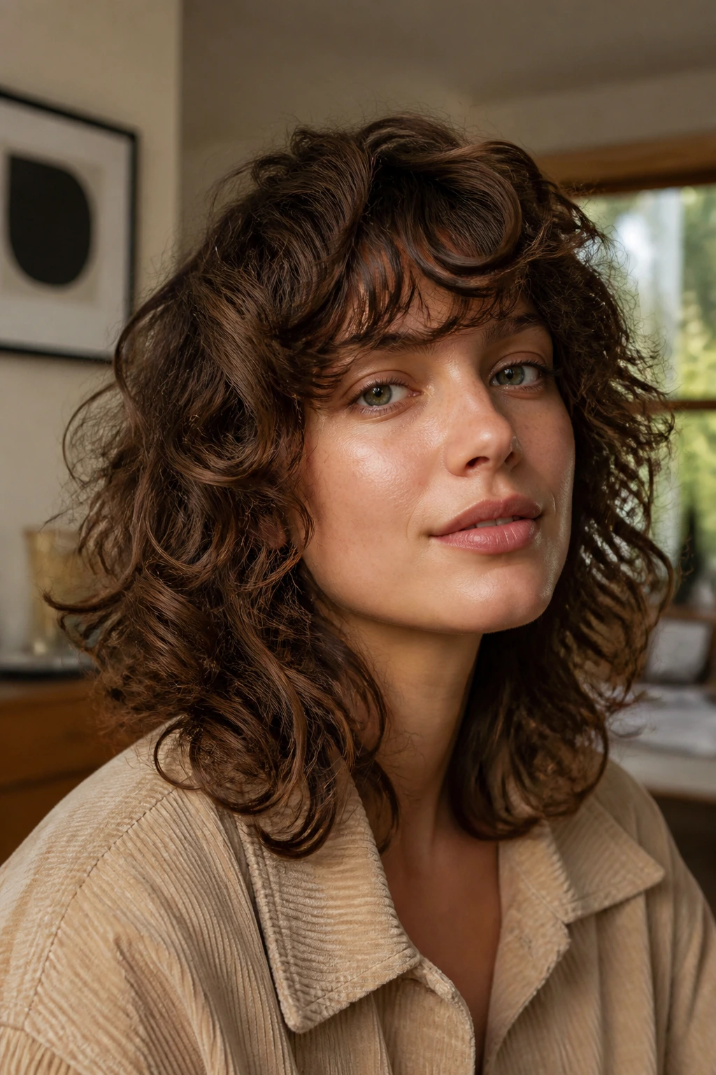 Mood board concept showing mid-length curly shag cuts on real models with wavy hair