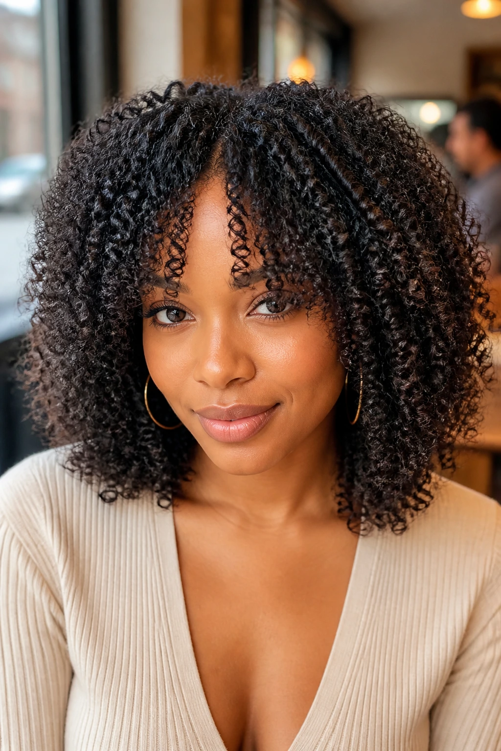 Close-up of a real Black woman's mid-length hairstyle with soft curtain bangs framing the face