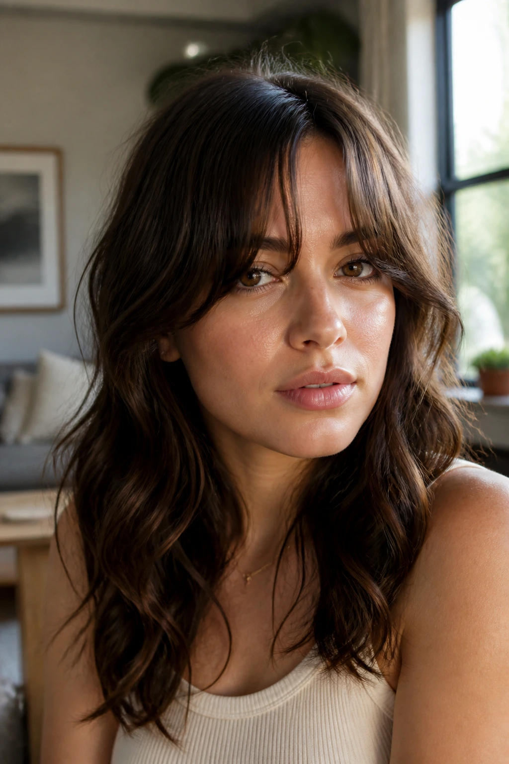 Close-up portrait of a real woman with mid-length curtain bangs framing the face