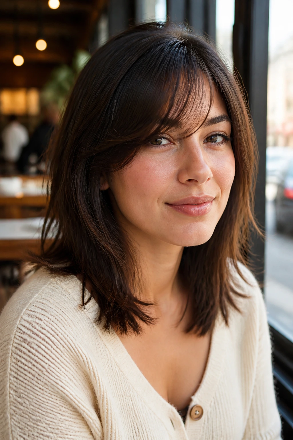 Close-up portrait of a real woman with mid-length cut and side-swept wispy bangs by a sunny cafe window