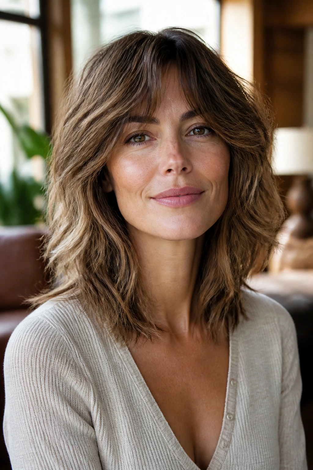 Medium close-up of a woman with mid-length feathered shag