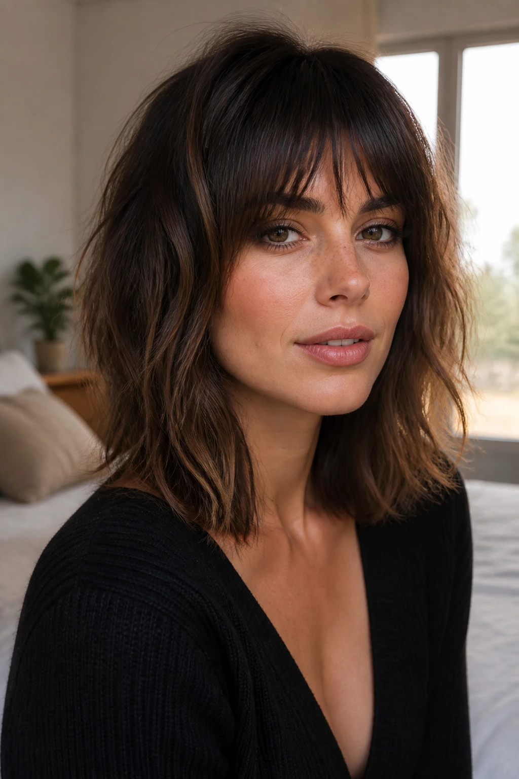 Close-up of a woman with textured shoulder-length hair and bangs in soft natural light