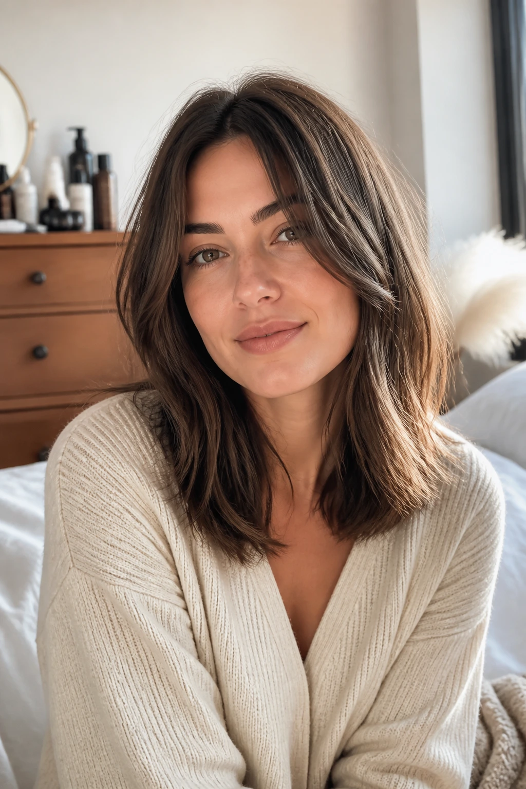 Portrait of a woman with medium-length hair showing maintained shape at home