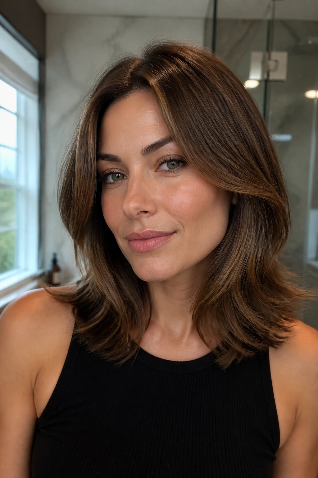 Close-up of a real person with mid-length hair showing root lift in a bathroom