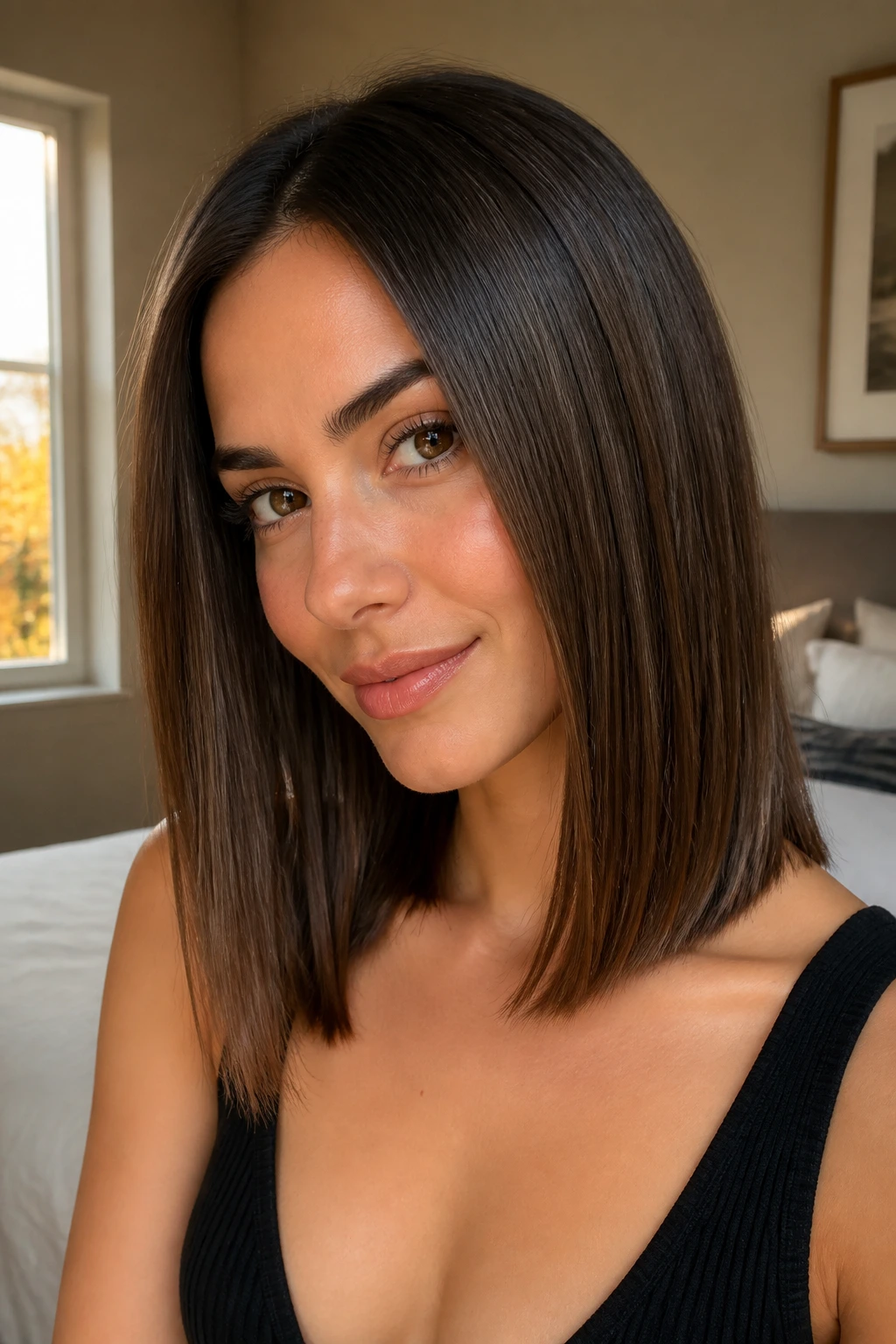 Close-up of a real woman with mid-length straight hair showing a clean line and shine