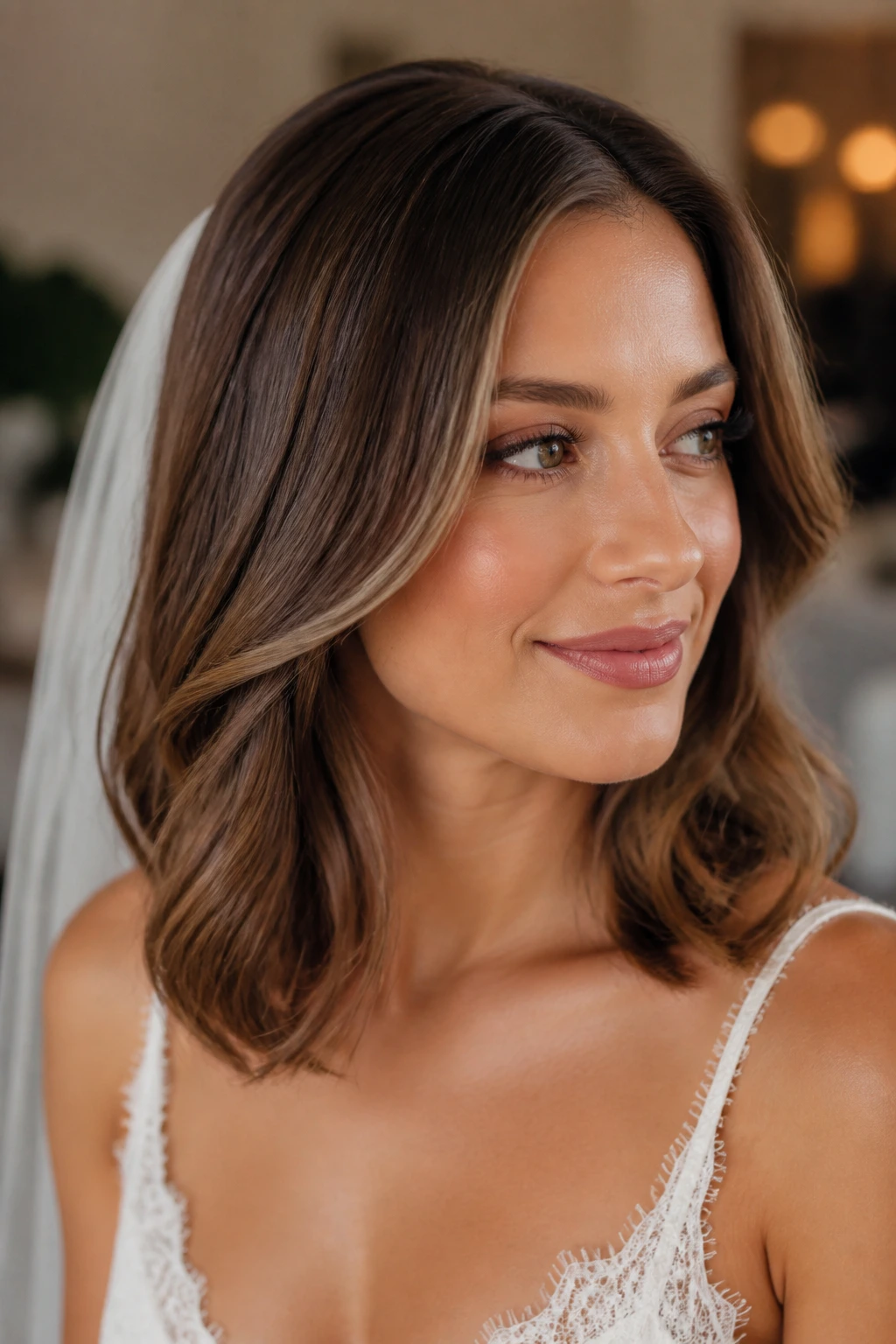Bride with mid-length cut featuring internal layers.