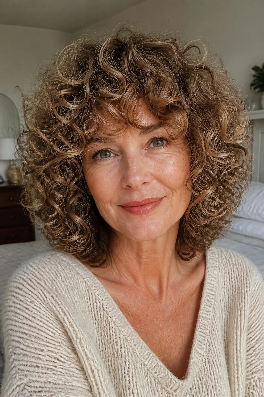 Close-up of a real woman with a mid-length halo cut and full curly bangs in a bedroom light.