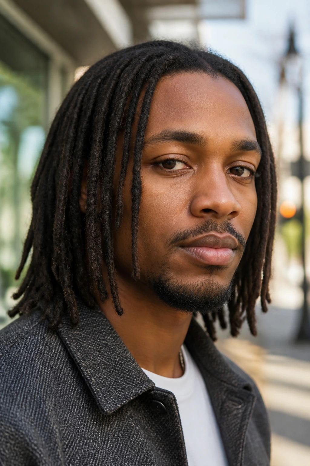Close-up of a man with mid-length hanging locs on city street