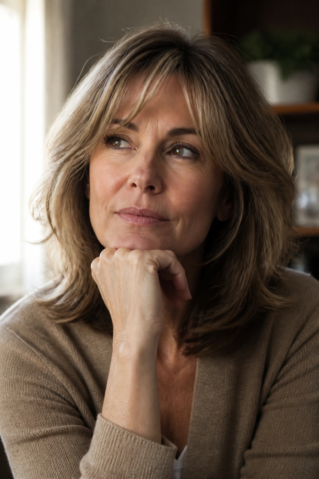 Portrait of a woman considering a mid-length layered cut with a thoughtful look