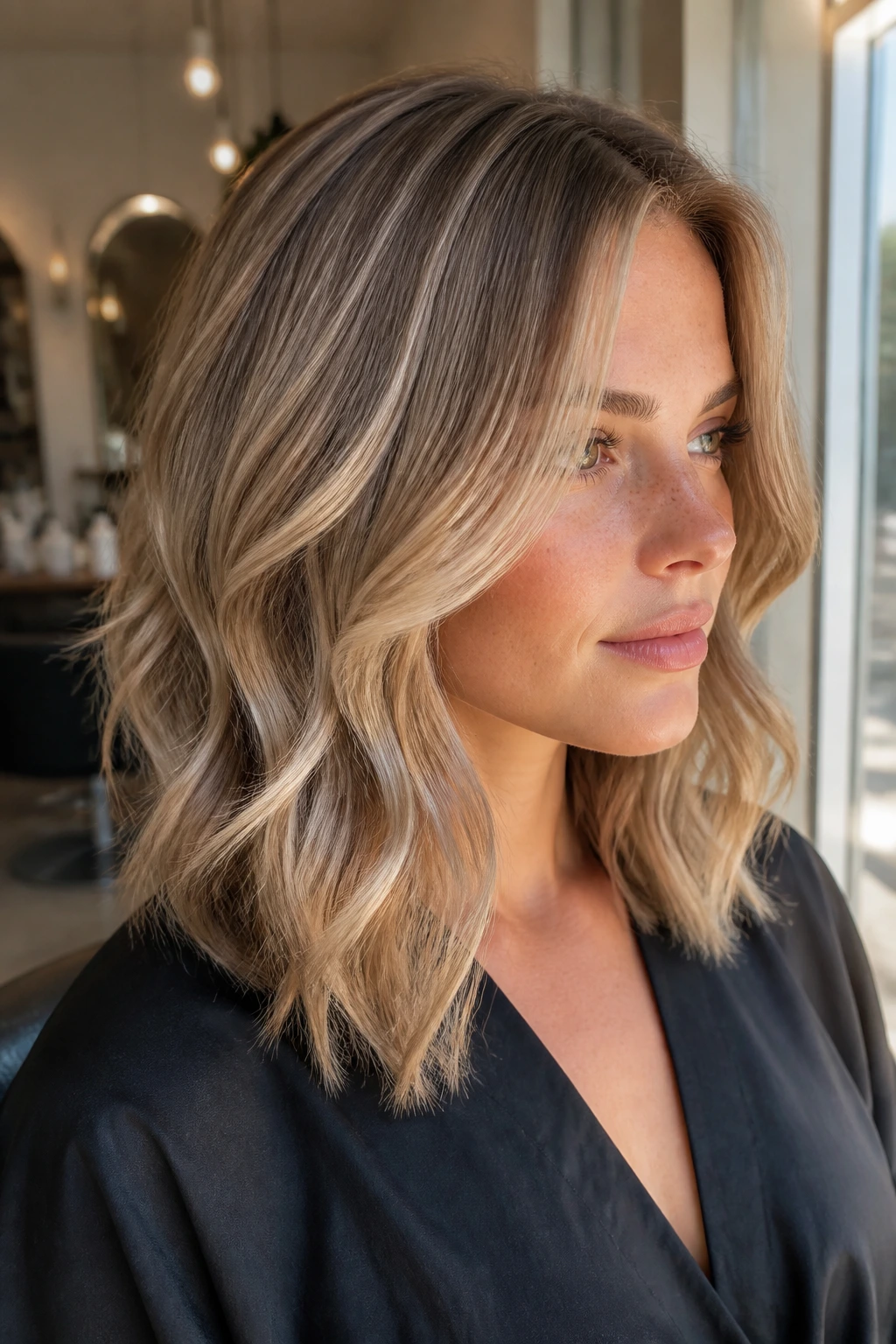 Shoulder-length layered hair with champagne ribbon highlights in natural light