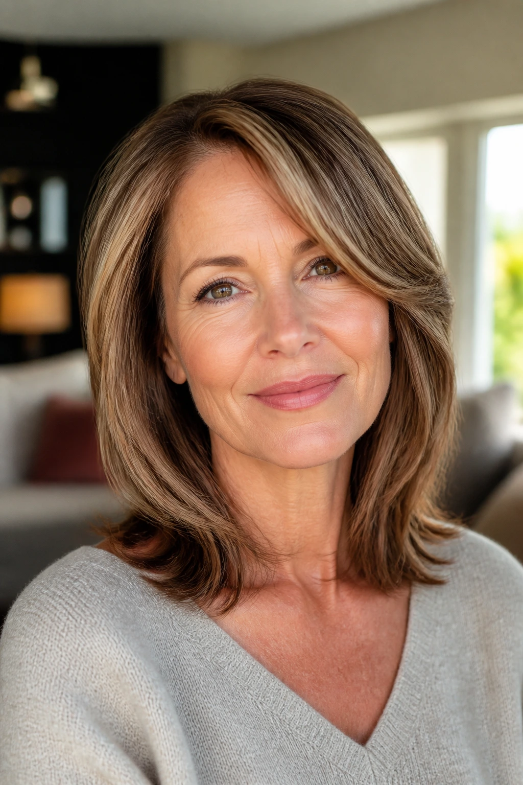 Close-up of a real woman with mid-length layers and a side part in warm daylight