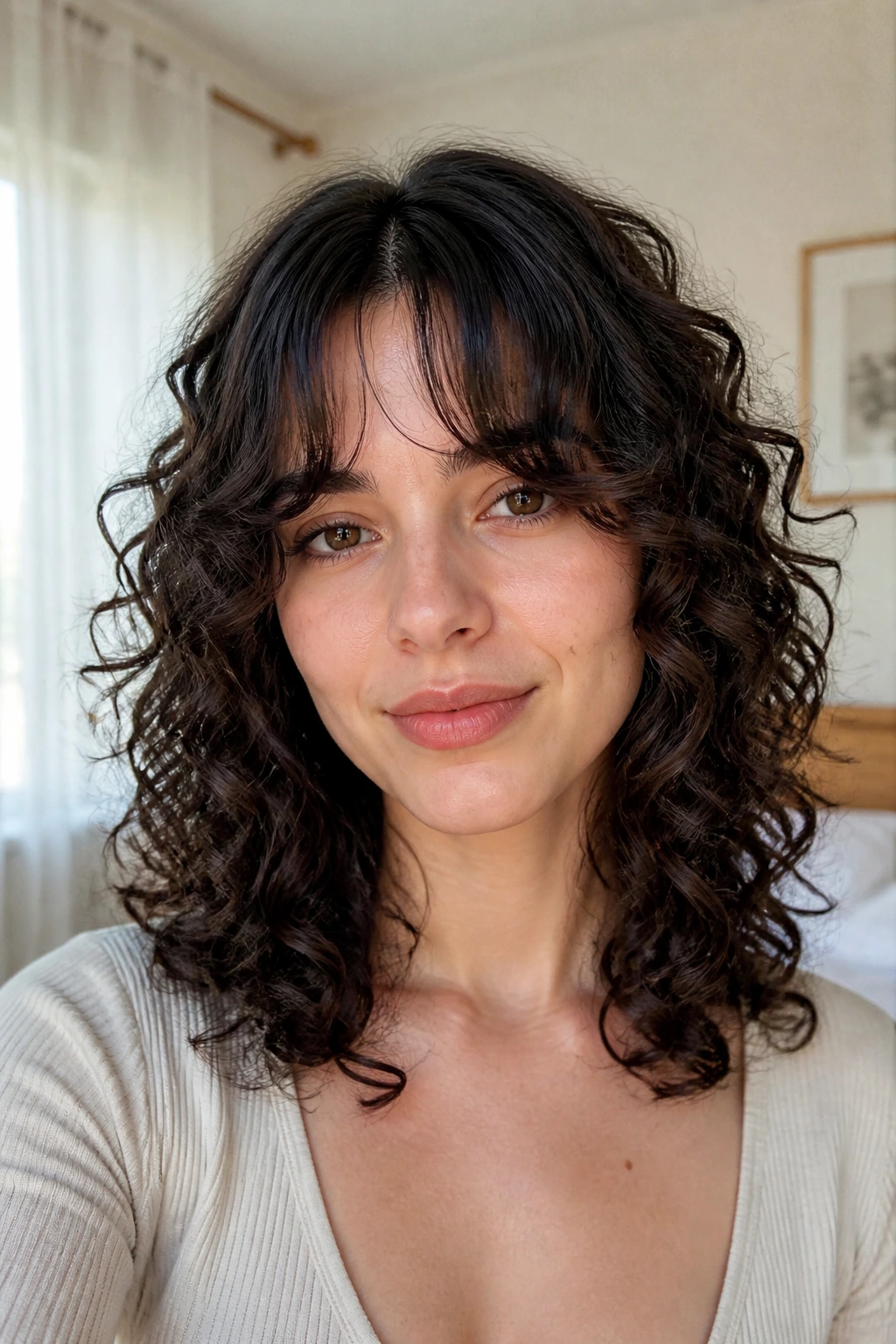 Close-up of a real woman with mid-length ringlets and bottleneck bangs