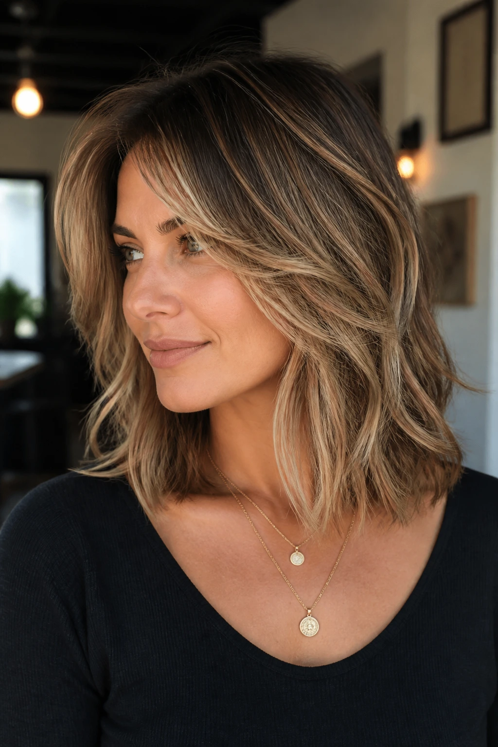Close-up of a real woman with mid-length shag and sweeping balayage