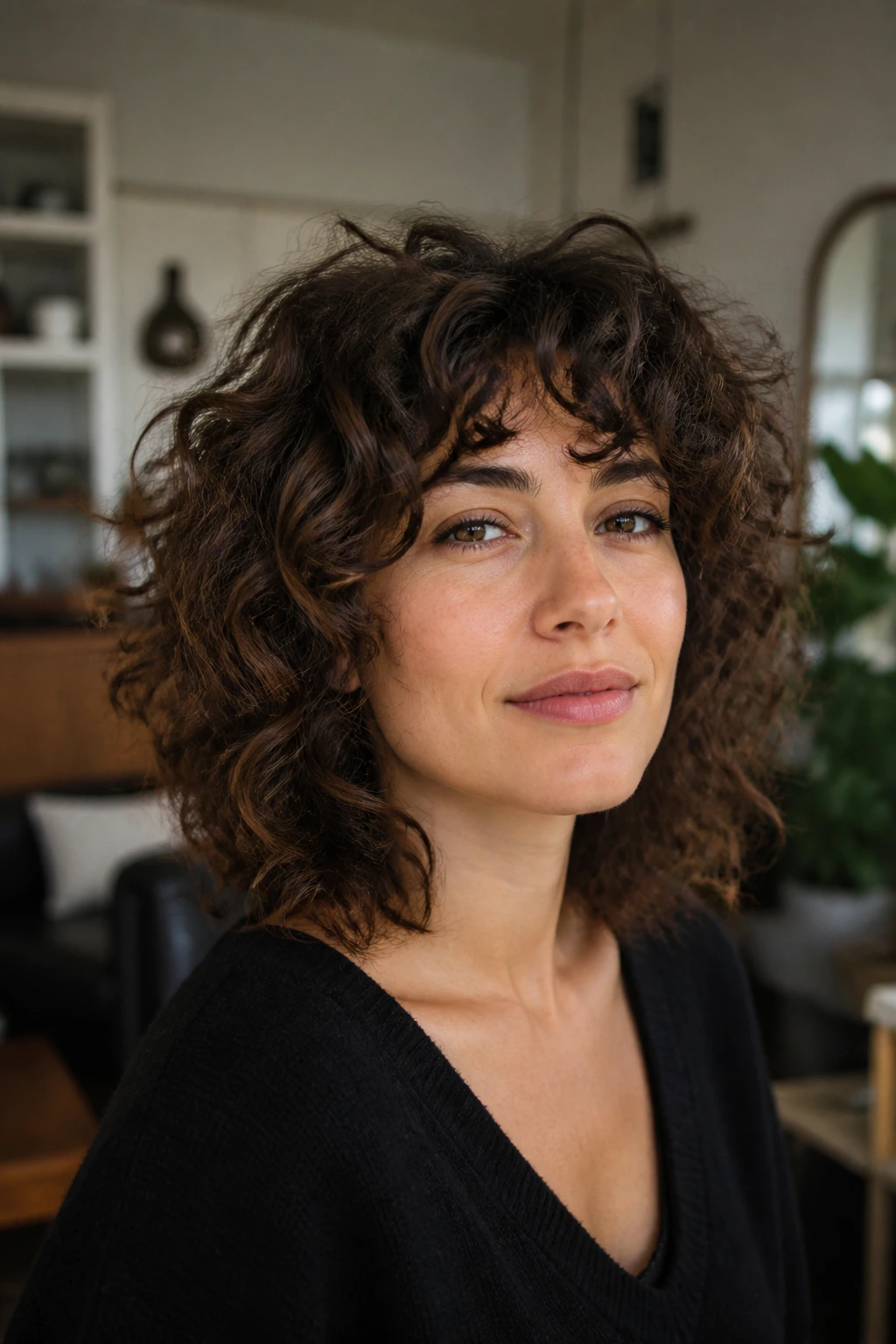 Real woman with mid-length curly shag showing shoulder-length layers and curl bounce.