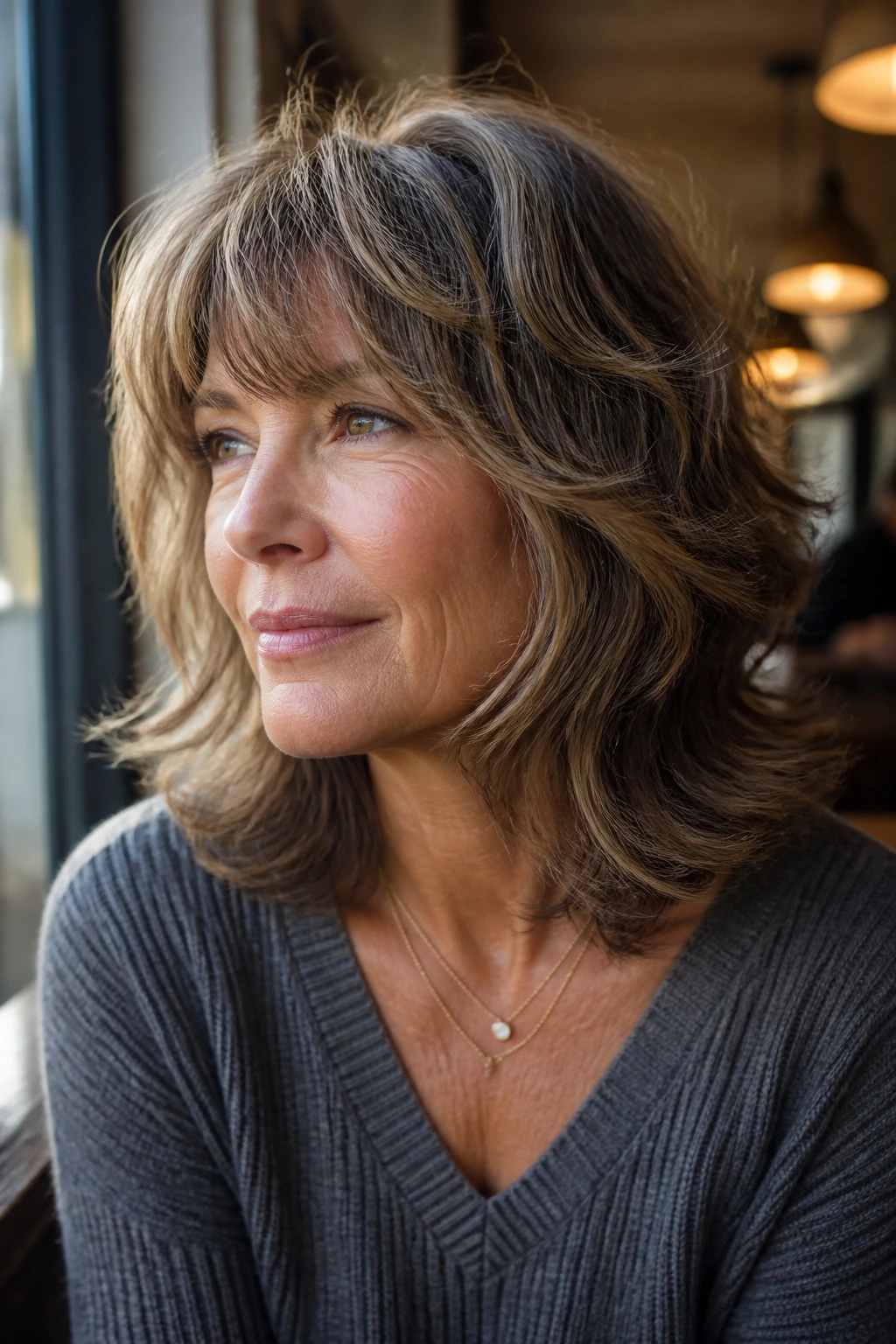 Close-up portrait of a real woman with mid-length shag and flipped-out ends