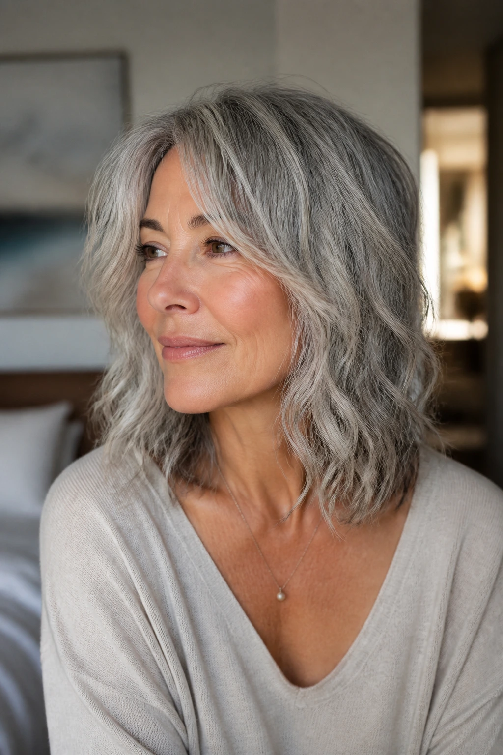 Close-up portrait of an older woman with elegant mid-length shag and loose ends.