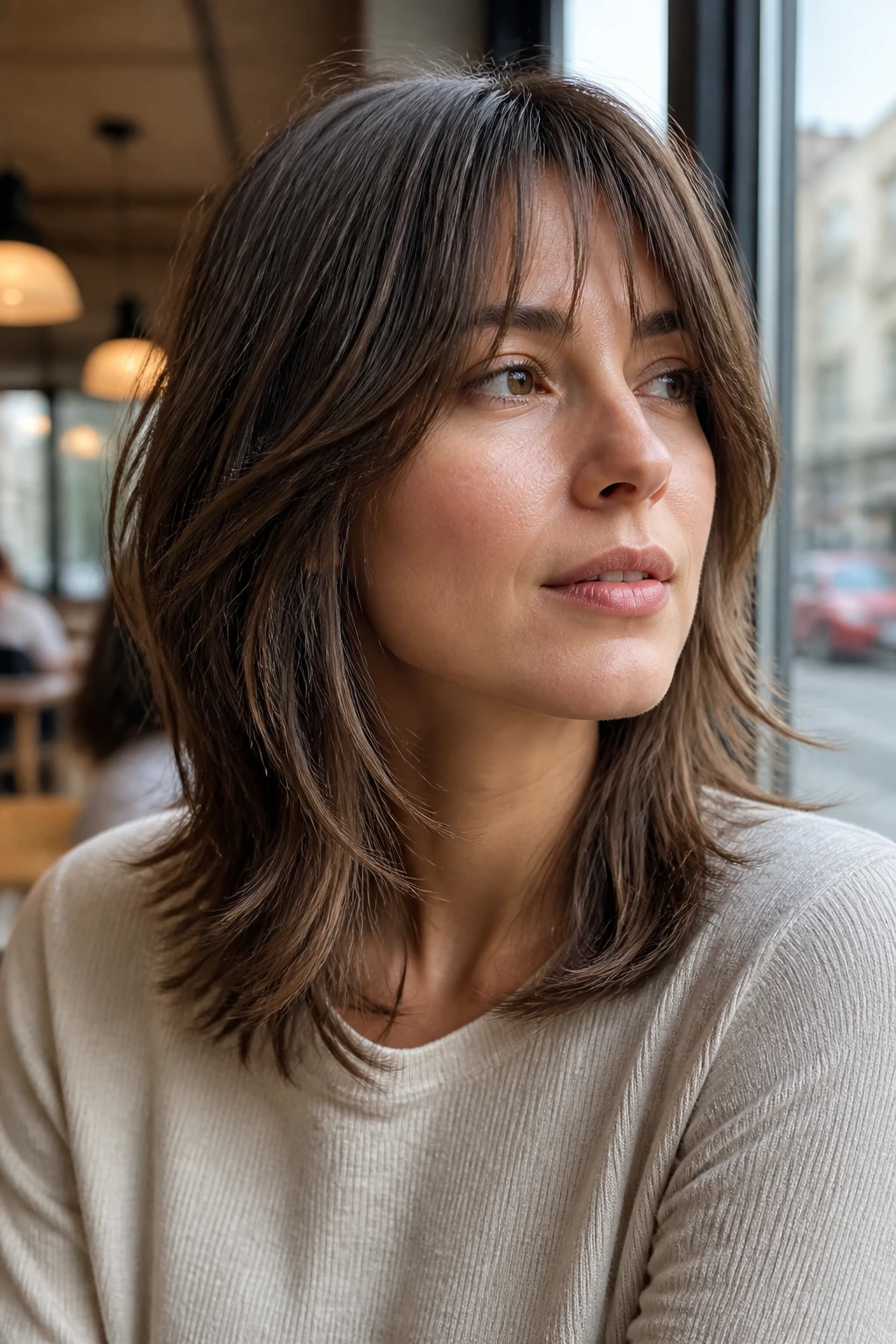 Close-up of a real woman with mid-length shag on straight hair in a cafe setting.