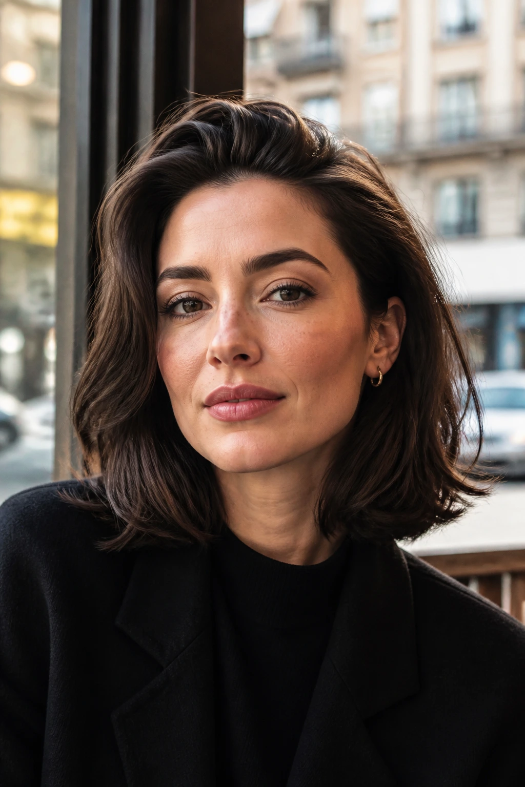 Portrait of a real person with a mid-length cut and swept-back fringe in daylight