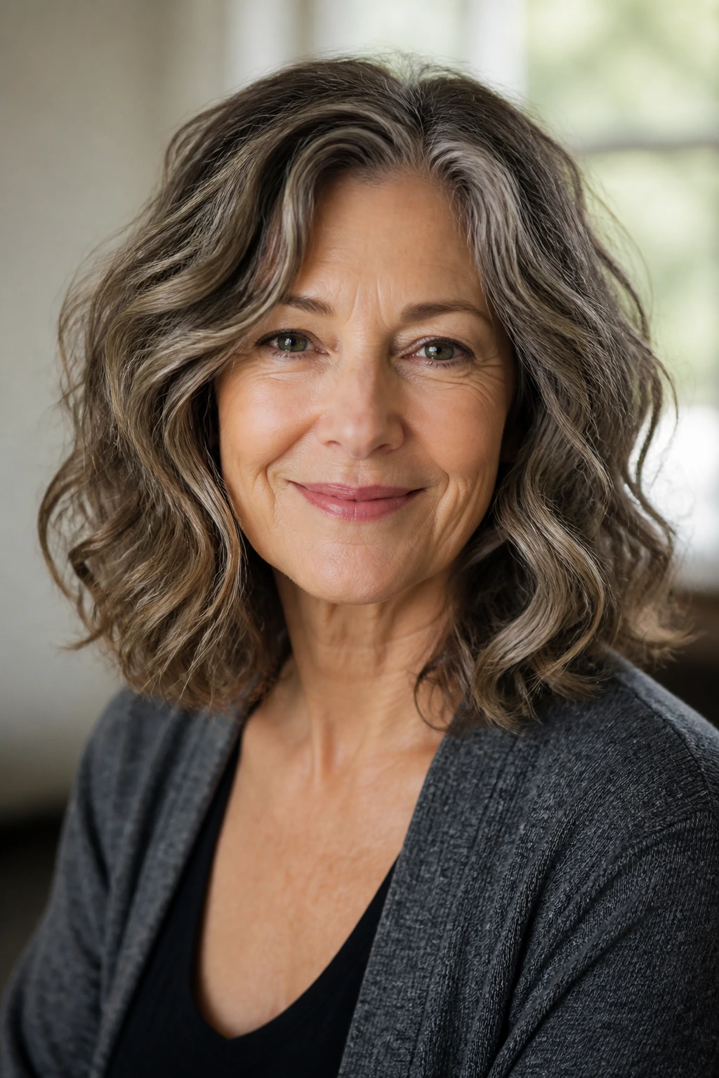 Close-up of a real woman with mid-length waves on thick hair