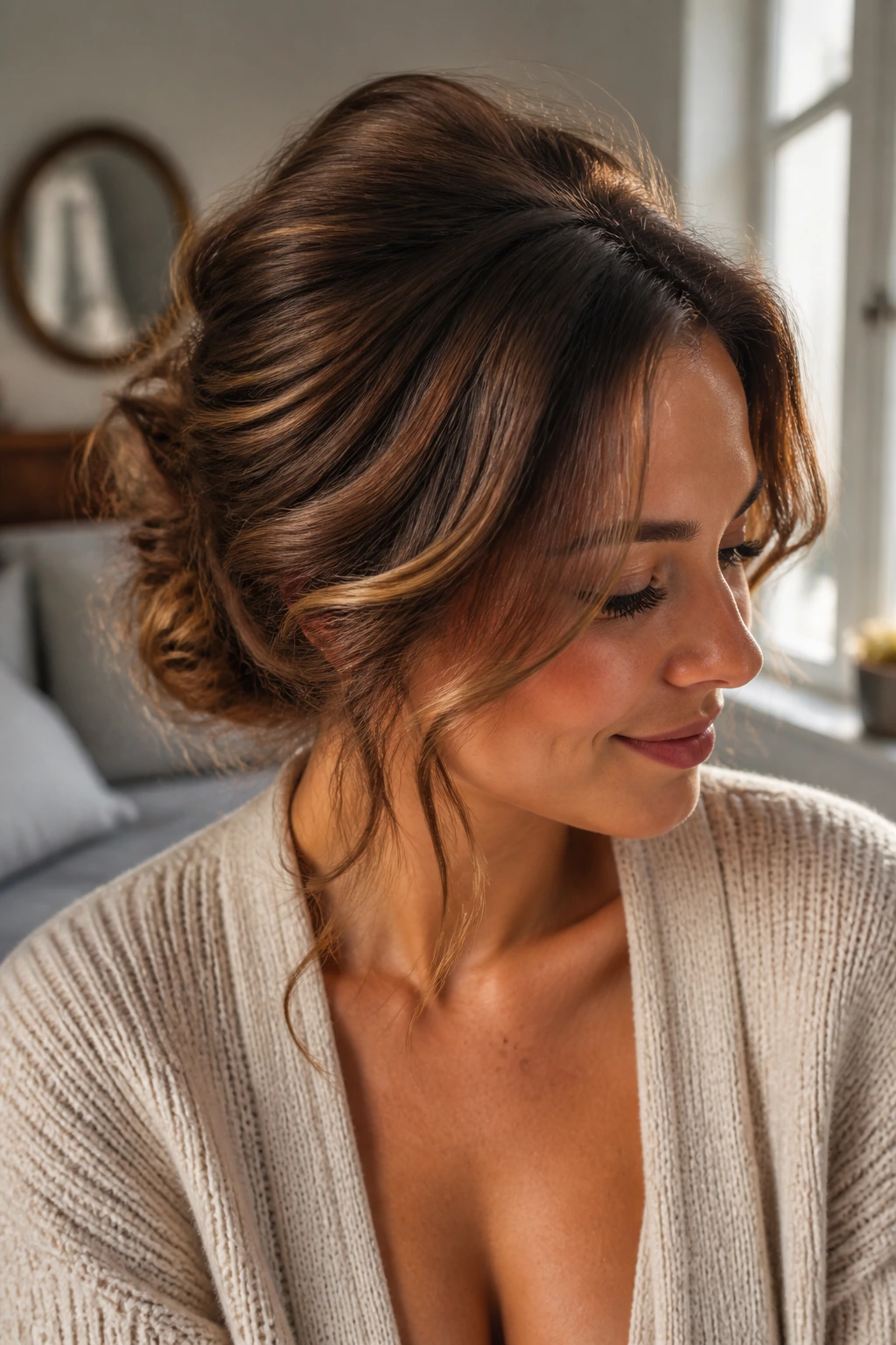 Portrait of a woman with mid-length hair in a soft, versatile updo under warm window light