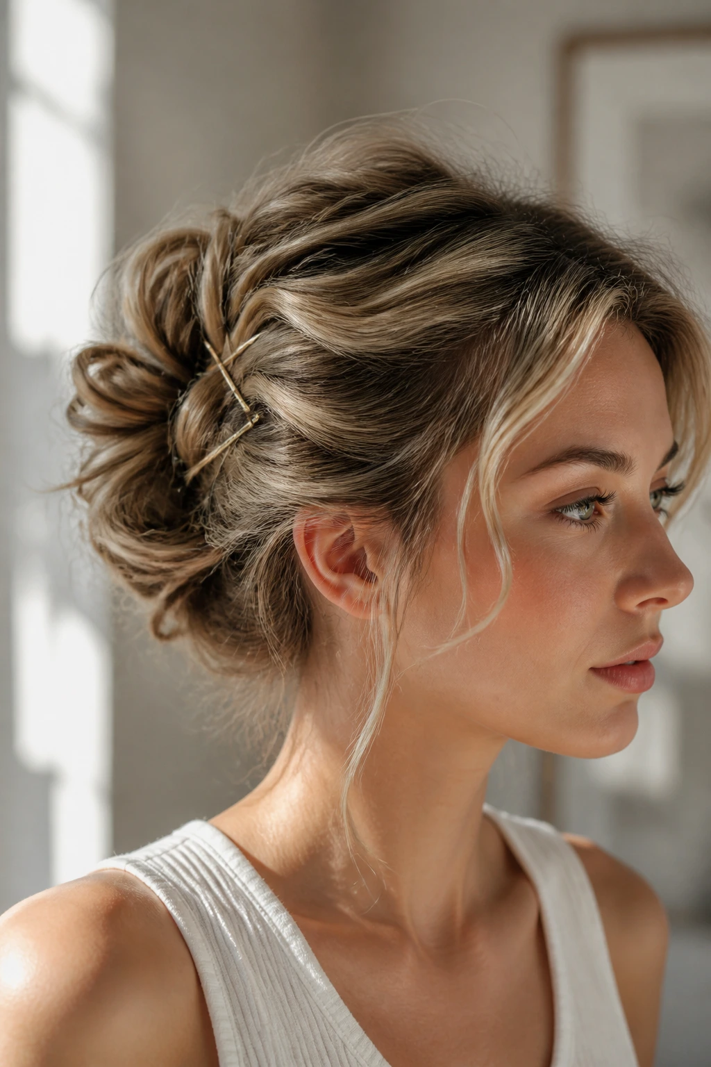 Portrait of a real woman with a secure mid-length updo and visible pins