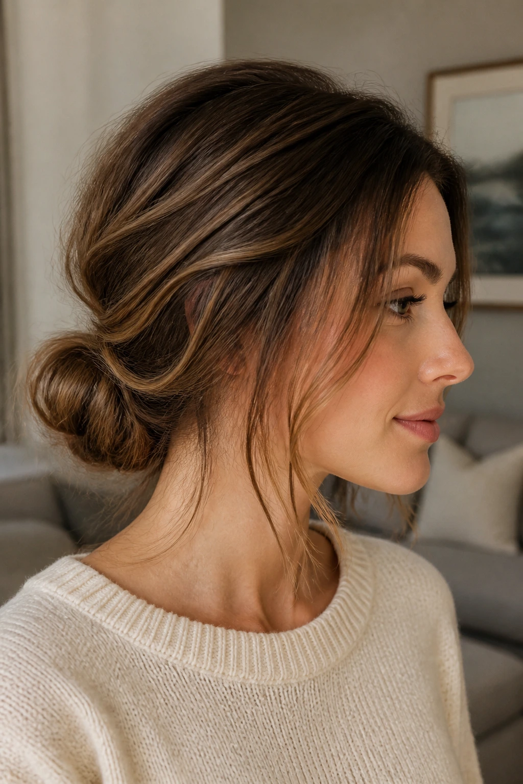 Close-up of shoulder-length hair styled into a chic updo