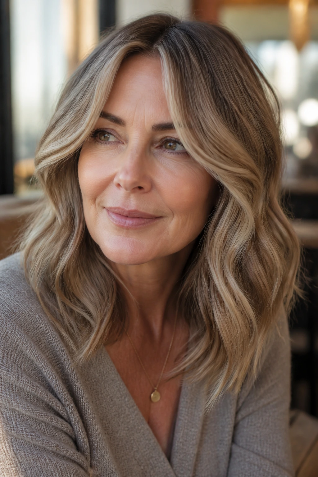 Close-up of a real woman with mid-length waves and a soft face-frame under natural sunlit light