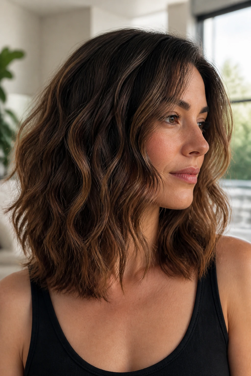 Close-up of real woman with mid-length cut showing internal weight removal