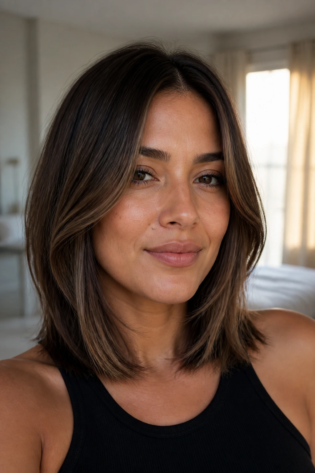 Close-up of a real woman with a mid-part lob and face-framing layers