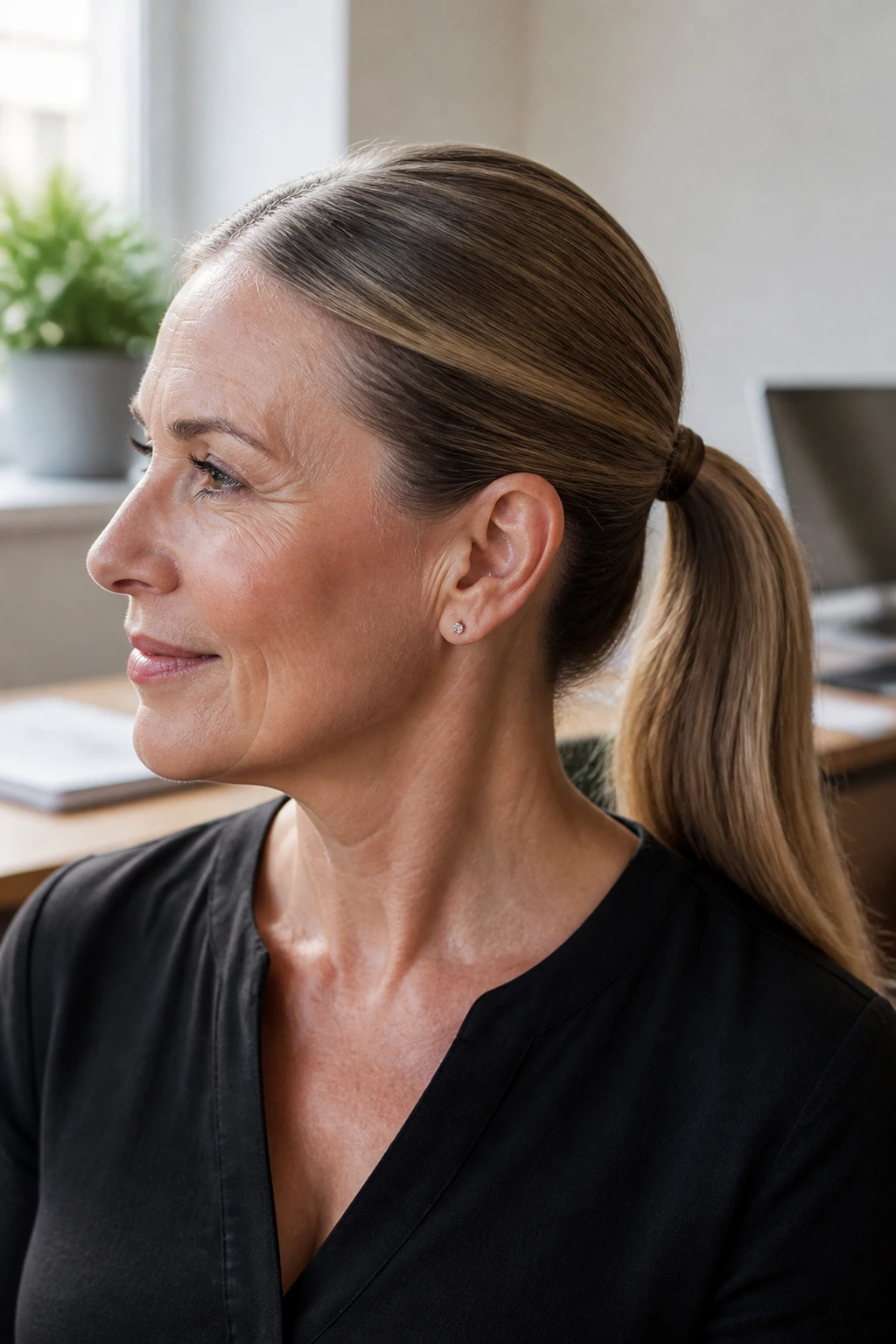 Woman with a sleek mid-ponytail in natural light.