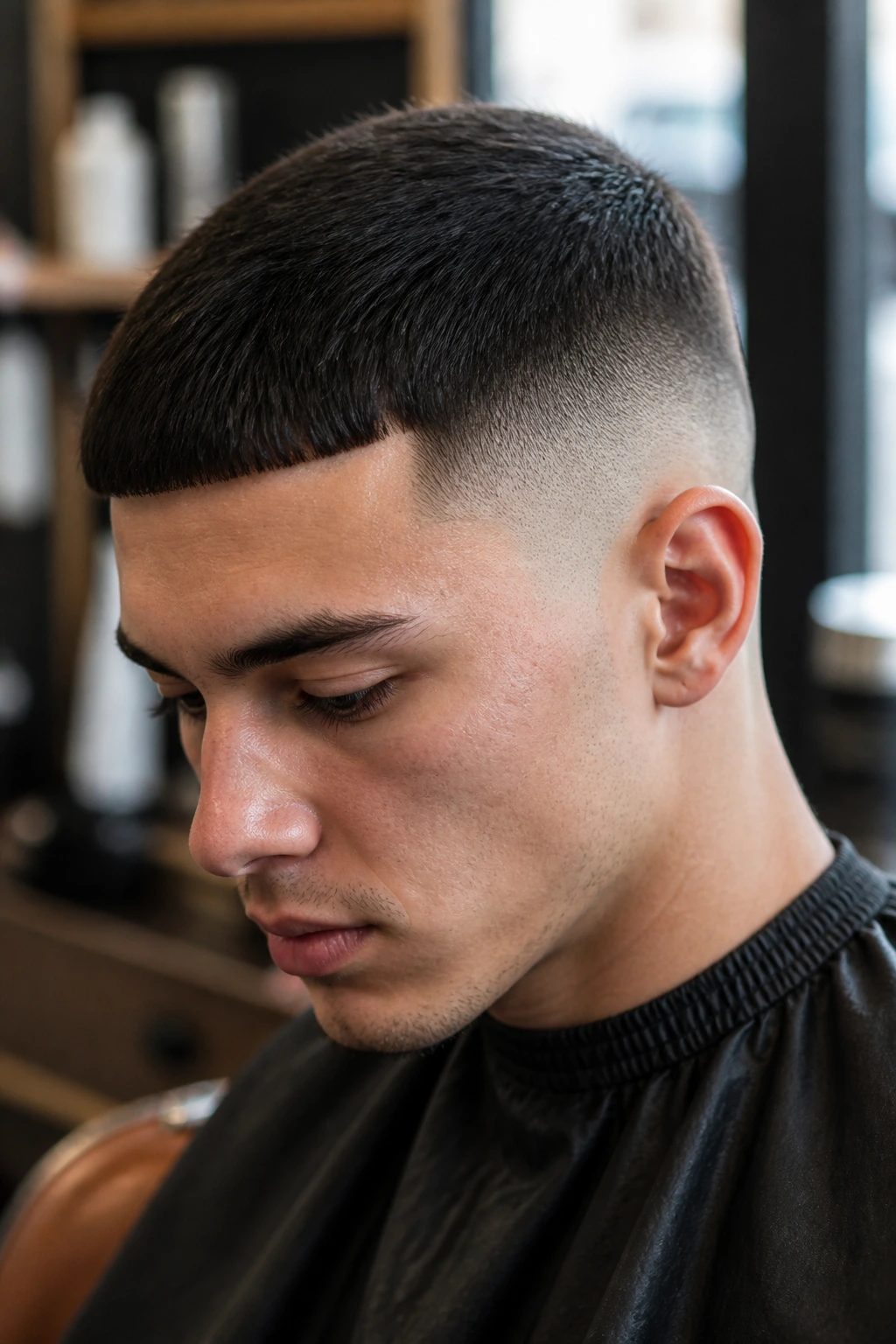 Close-up of a man with mid skin fade and Caesar cut in warm barbershop lighting