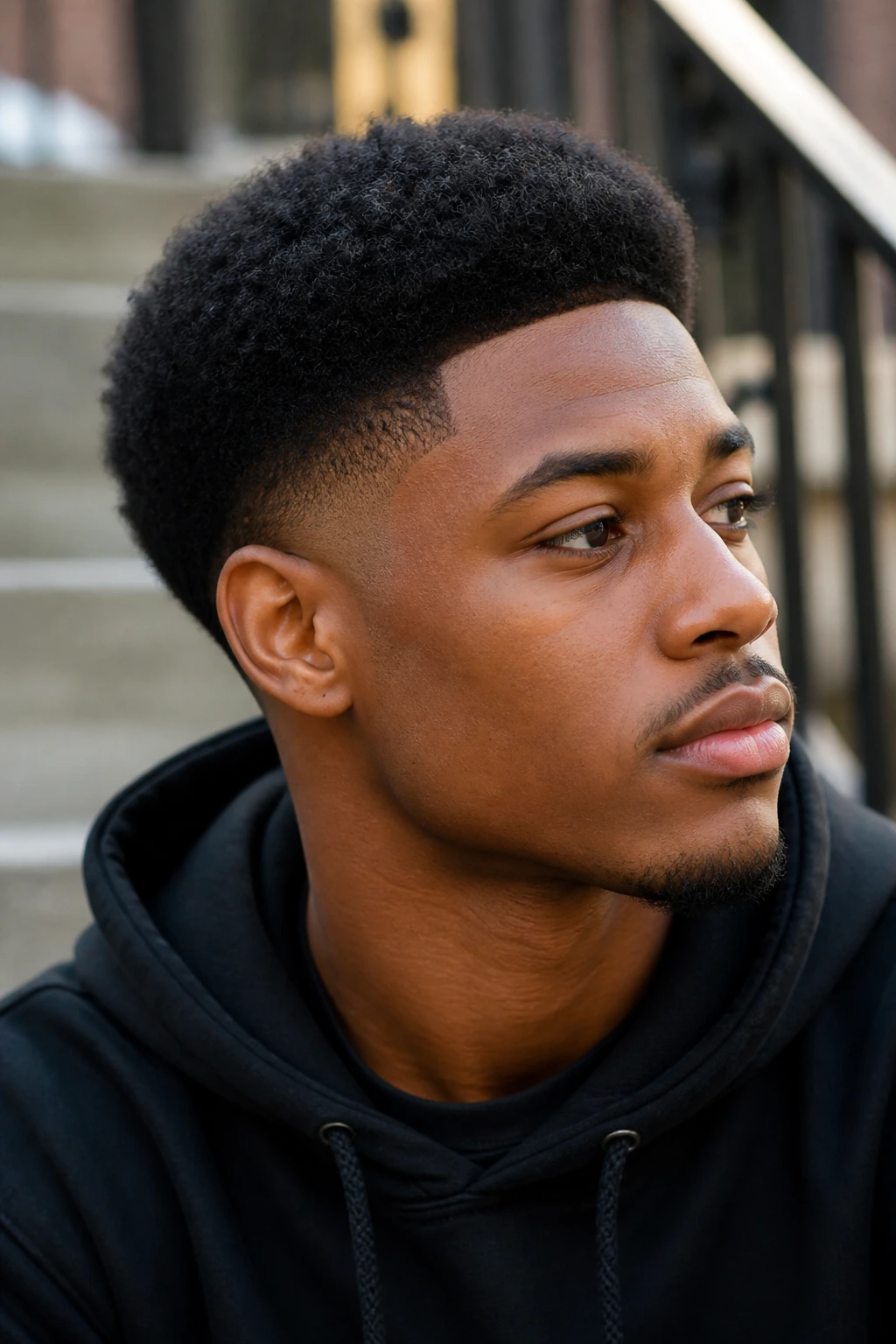 Close-up portrait of a man with mid taper fade and short afro hairstyle outdoors