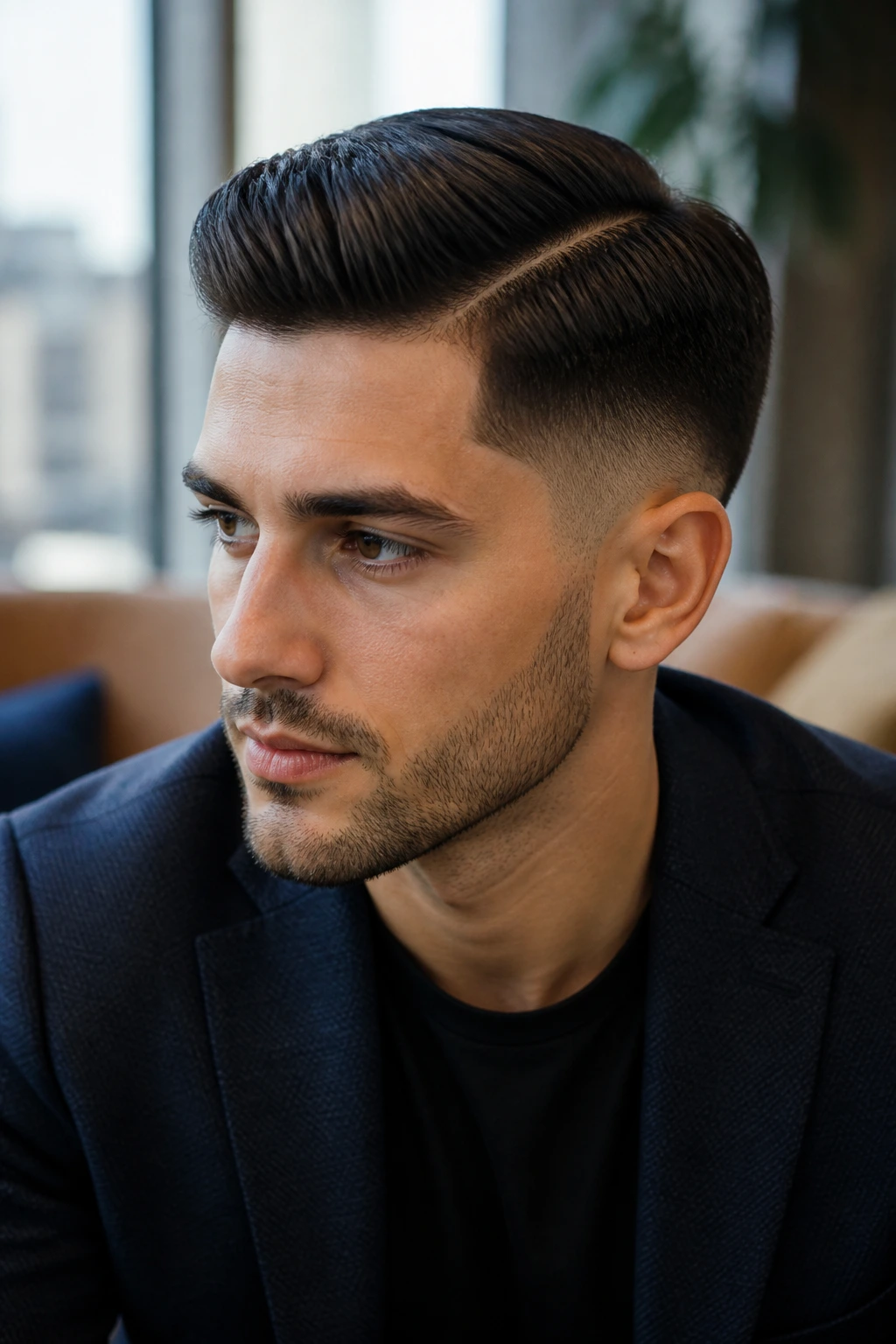 Portrait of a man with a mid taper and side part.