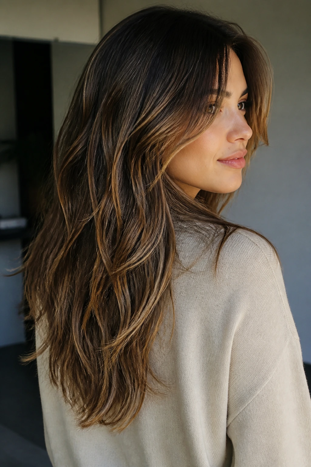 Portrait of a person with mid-back hair and soft textured ends