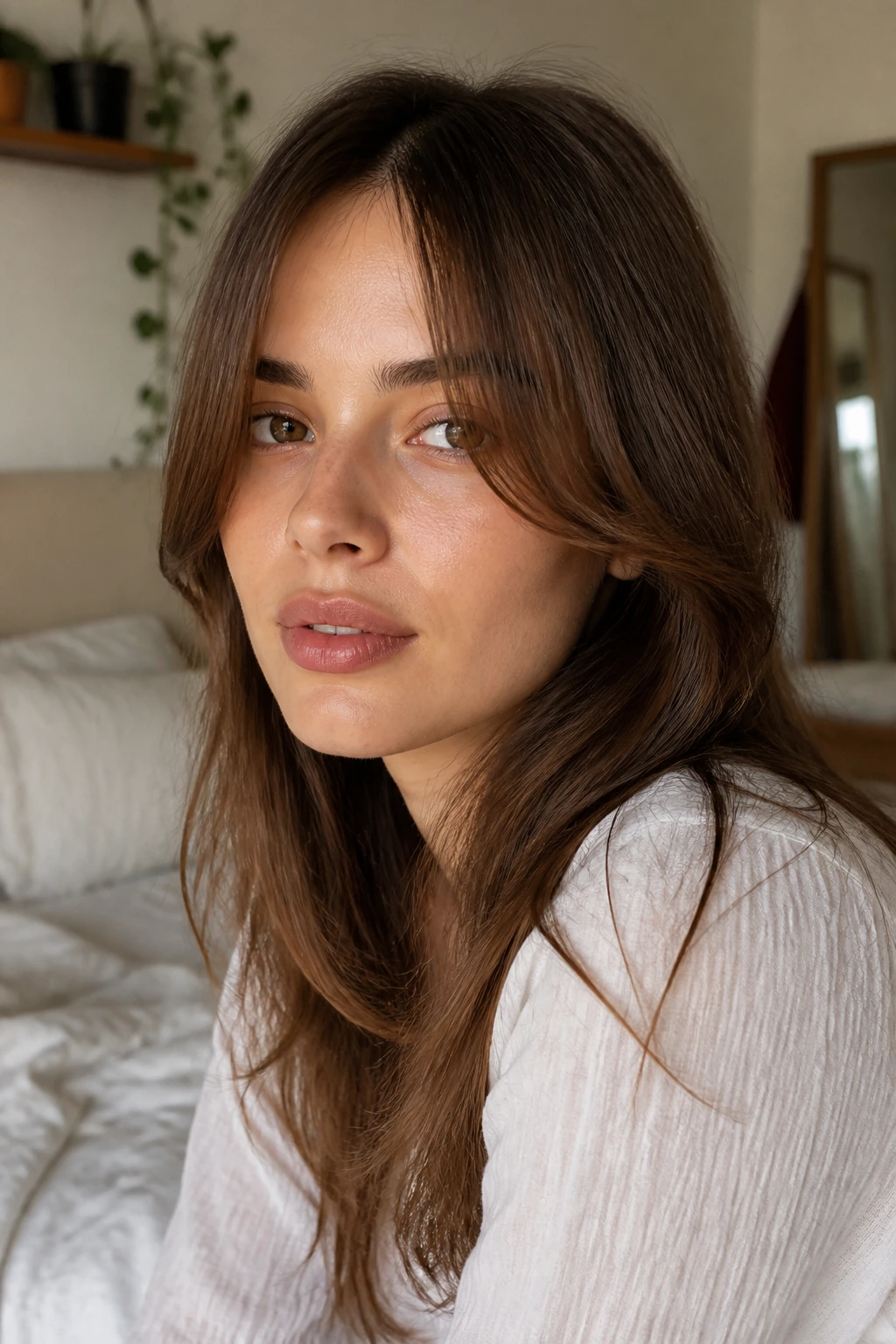 Close-up portrait of a real woman with middle-part bangs in natural window light.