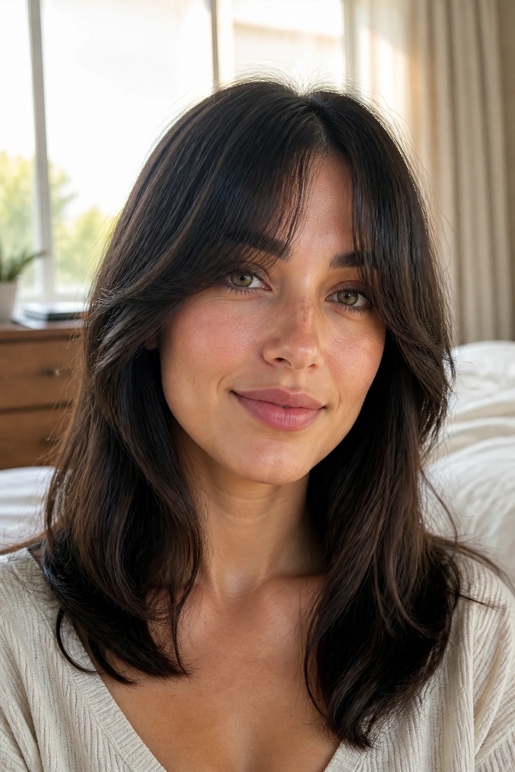 Close-up portrait of a woman with middle-part bangs framing her face