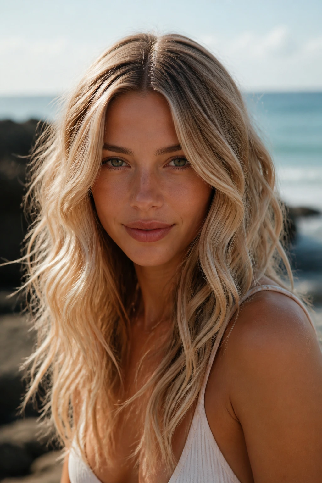 Woman with middle-part beachy waves against a sunlit seaside background