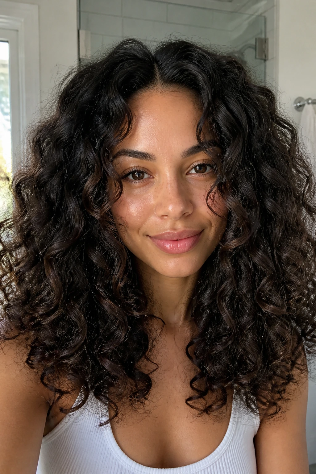 Close-up of a woman with a middle part and big voluminous curls