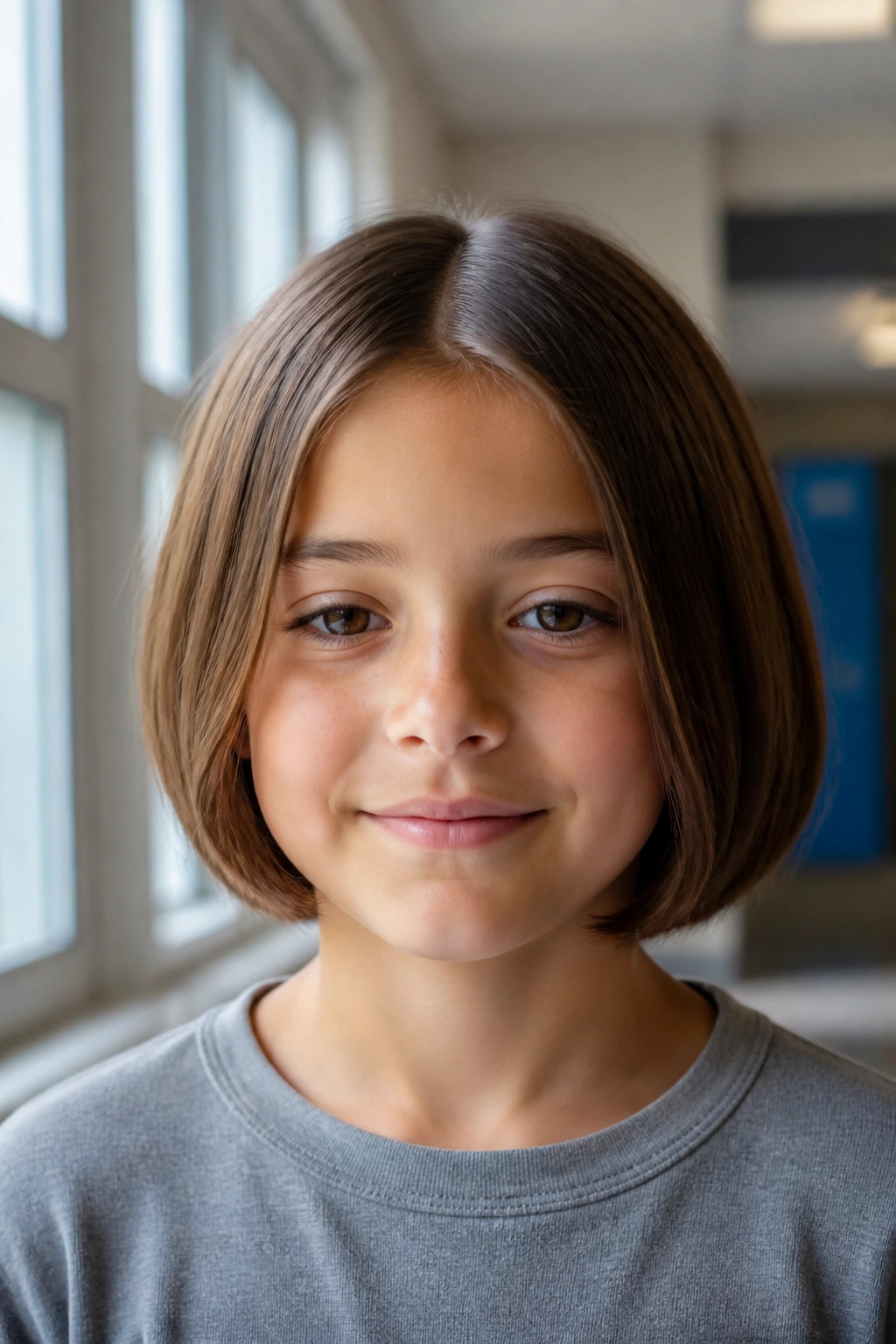Close-up of a real child with a middle-part bob in a bright hallway
