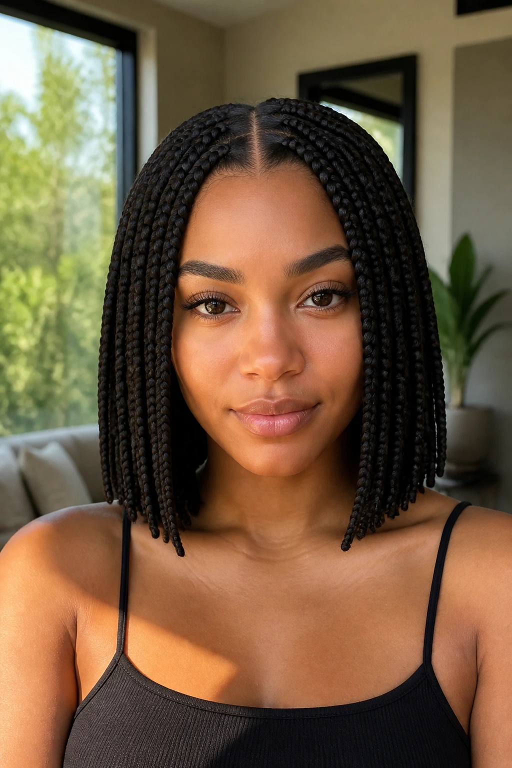 Real person with middle-part bob box braids showing symmetrical ends.