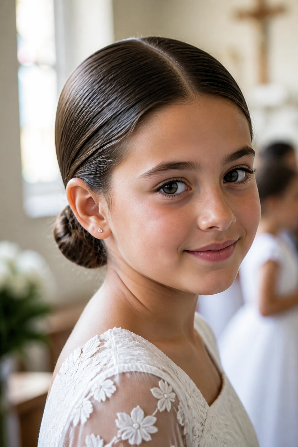 Close-up of a real child with a middle-part ballet knot in a church prep setting