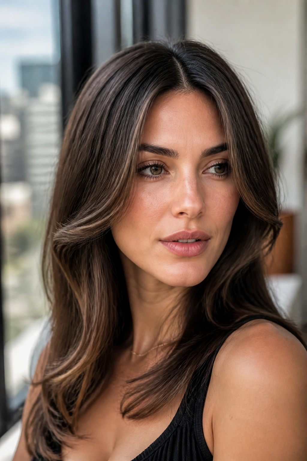 Close-up of a woman with a middle part and cheekbone bends