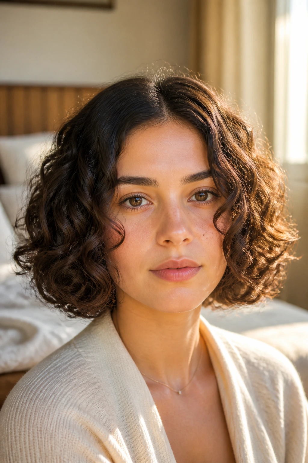 Close-up of a real woman with a middle-part curly bob and balanced curls.