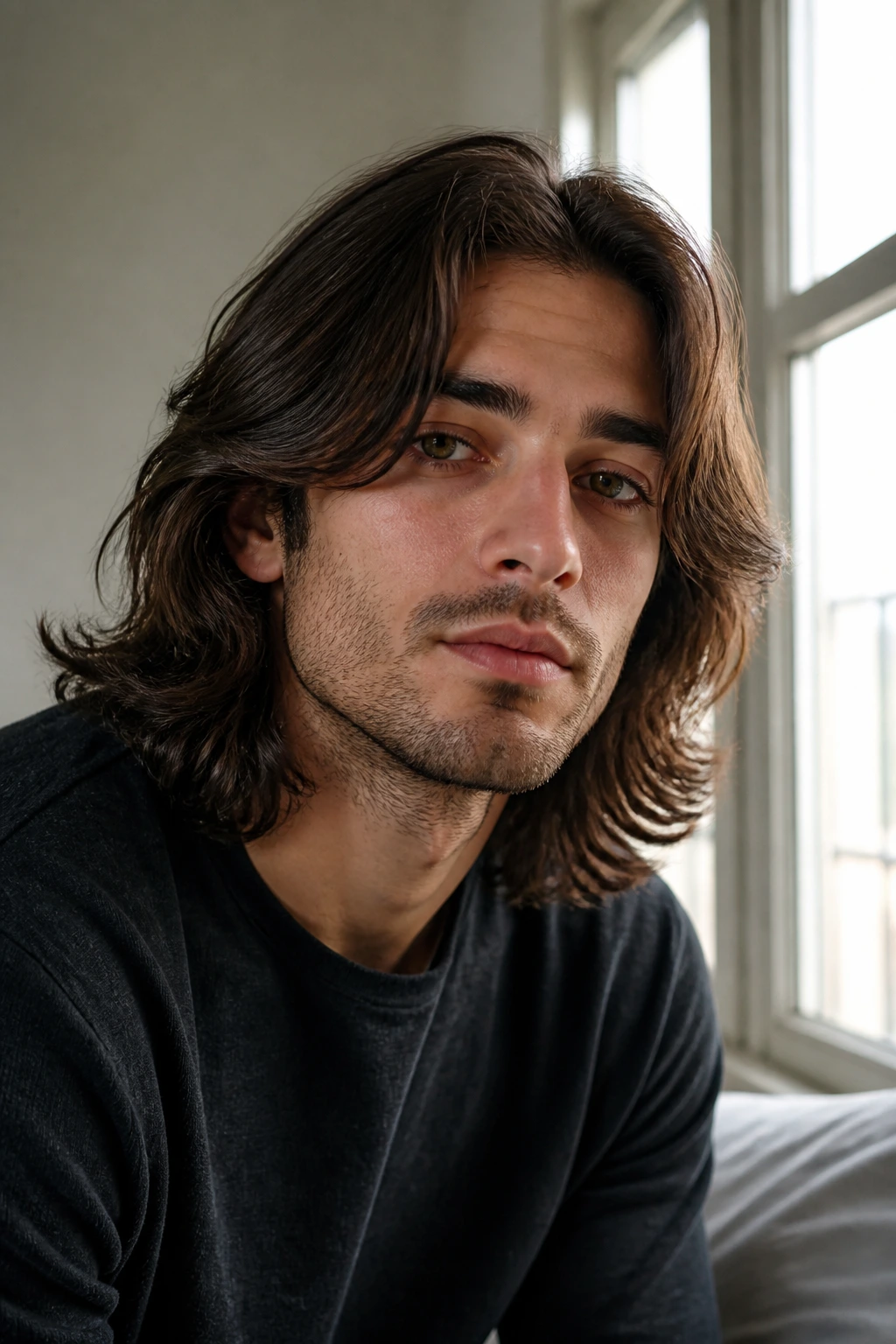 Close-up of a man with middle-part curtains hairstyle
